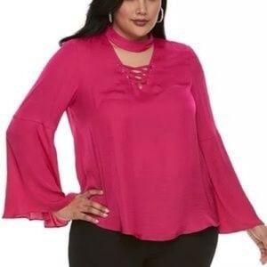 Jennifer Lopez Choker Lace Up Bell Sleeve Top Pink Medium